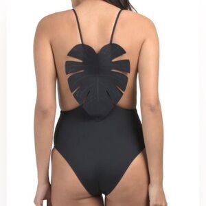 FARM Rio Black One Piece Swimsuit Monstera Leaf Back NWT Size L